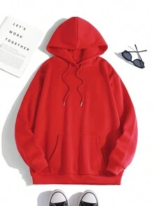 SHEIN Unity 聖誕圖案加絨內裏連帽衫 - 紅色 - 查看 2