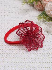 SHEIN Baby Girl Contrast Lace Bow Front Bodysuit & Headband Photo Outfit - Red - View 6