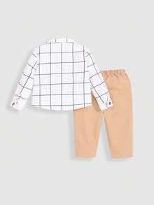 SHEIN 男嬰格紋印花半排扣襯衫和褲子
