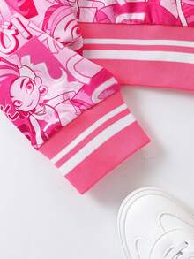 SHEIN Tween Girl Pop Art Print Zip Up Hooded Jacket - Pink - View 6