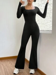 SHEIN EZwear Cổ vuông Chân bùng Đen Áo liền quần - màu đen - Xem 5