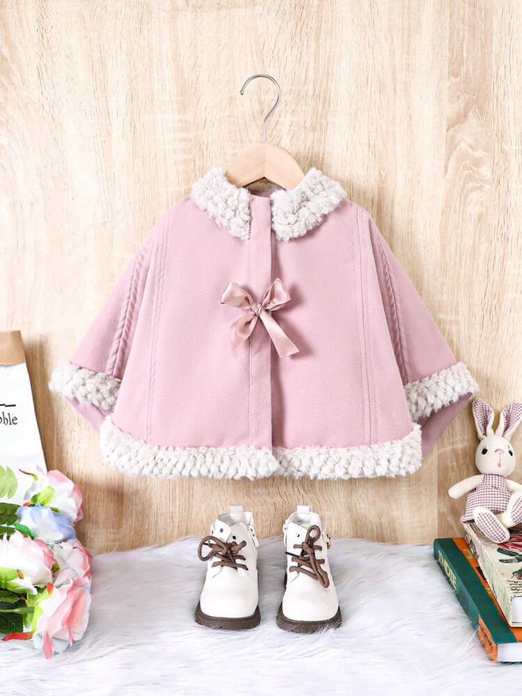 Baby Girl Contrast Fuzzy Bow Front Cape Coat