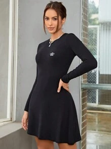 SHEINNeu Crown Pattern Ribbed Knit Dress - Black - View 5