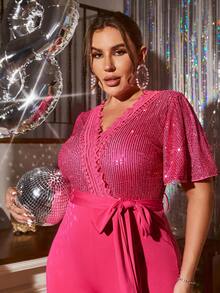 Glamaker Jumpsuits Plus Size màu trơn Thanh lịch - Màu Hồng Tươi - Xem 6