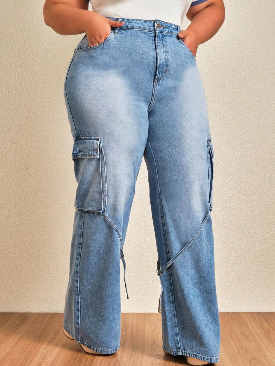Shein Curve大尺碼款寬鬆直筒褲,設有側邊口袋 - 中等水洗藍 - 查看 1