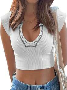 INAWLY Camiseta crop tejido de canalé - Blanco - Ver 3