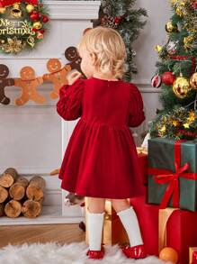 SHEIN Baby Girl Bow Front Lantern Sleeve Dress for Christmas "Mommy&Me"(3 pieces are sold separately)