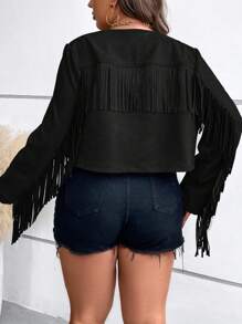 SHEIN LUNE 大碼流蘇邊開門襟短夾克 - 黑色 - 查看 2