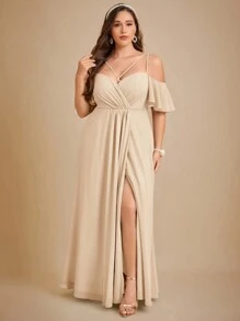 SHEIN Belle Plus Cold Shoulder Ruffle Trim Maxi Chiffon Bridesmaid Dress - Apricot - View 3