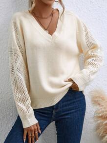 SHEIN Clasi 素色網眼針織插肩袖套頭毛衣 - 米色 - 查看 1