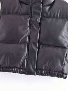 休閒拉鍊純色女士棉服外套 - 黑色 - 查看 4