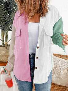 CILKOO Abrigo de pana de color combinado con bolsillo con solapa de hombros caídos - Rosa - Ver 1