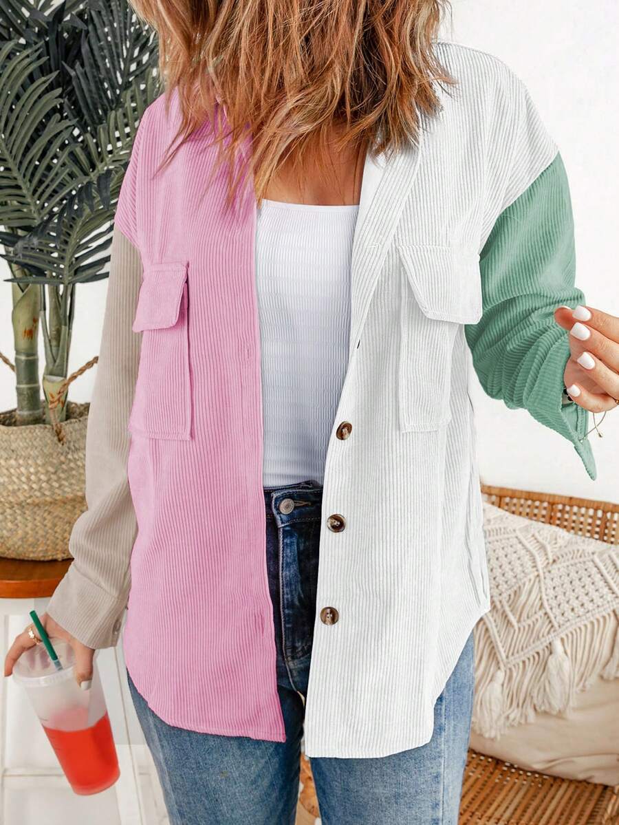 CILKOO Abrigo de pana de color combinado con bolsillo con solapa de hombros caídos - Rosa - Ver 1