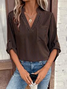 EMERY ROSE Striped Print Roll Up Sleeve Pocket Patched Blouse,Long Sleeve Tops Fall Cloth For Women - Mocha Brown - View 3