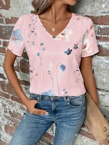 EMERY ROSE Floral Print V Neck Blouse - Pink - View 5