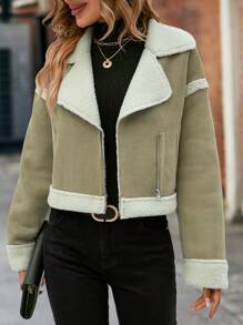 SHEIN Essnce Lót Teddy Dây kéo Áo khoác - Xám - Xem 1