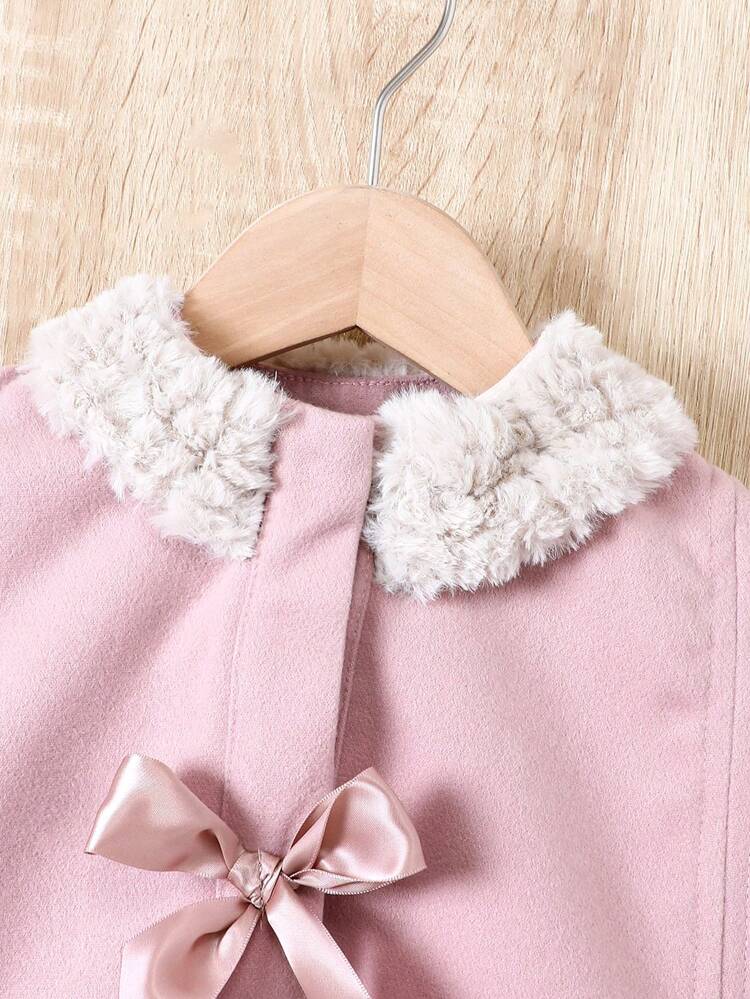 Baby Girl Contrast Fuzzy Bow Front Cape Coat