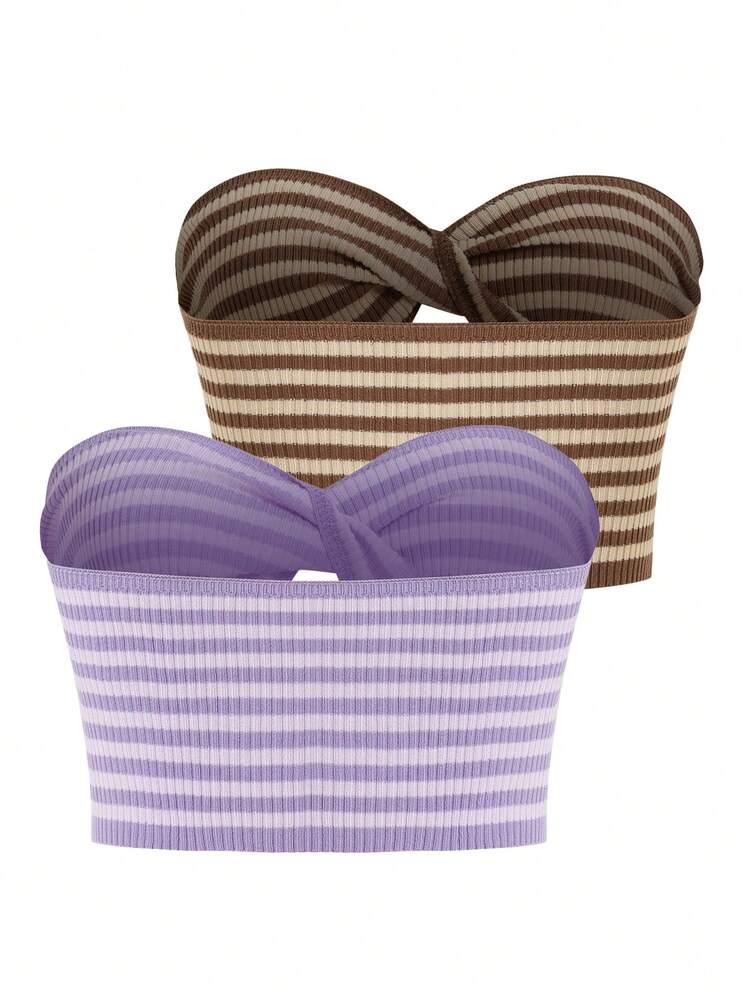 2pcs Striped Pattern Twist Front Tube Knit Top