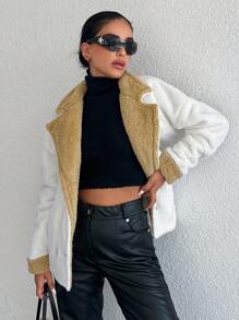 EURMUSE Contrast Trim Double Breasted Drop Shoulder Fleece Coat - Beige - View 5