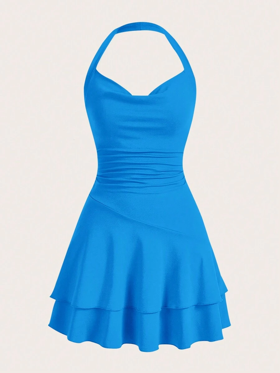 SHEIN MOD Draped Front Ruched Ruffle Hem Halter Neck Backless Dress - Blue - View 1