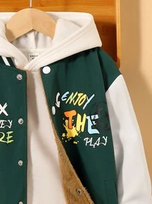 SHEIN Tween Boy Slogan Graphic Bear Decor Thermal Lined Varsity Jacket Without Hoodie - Green - View 7