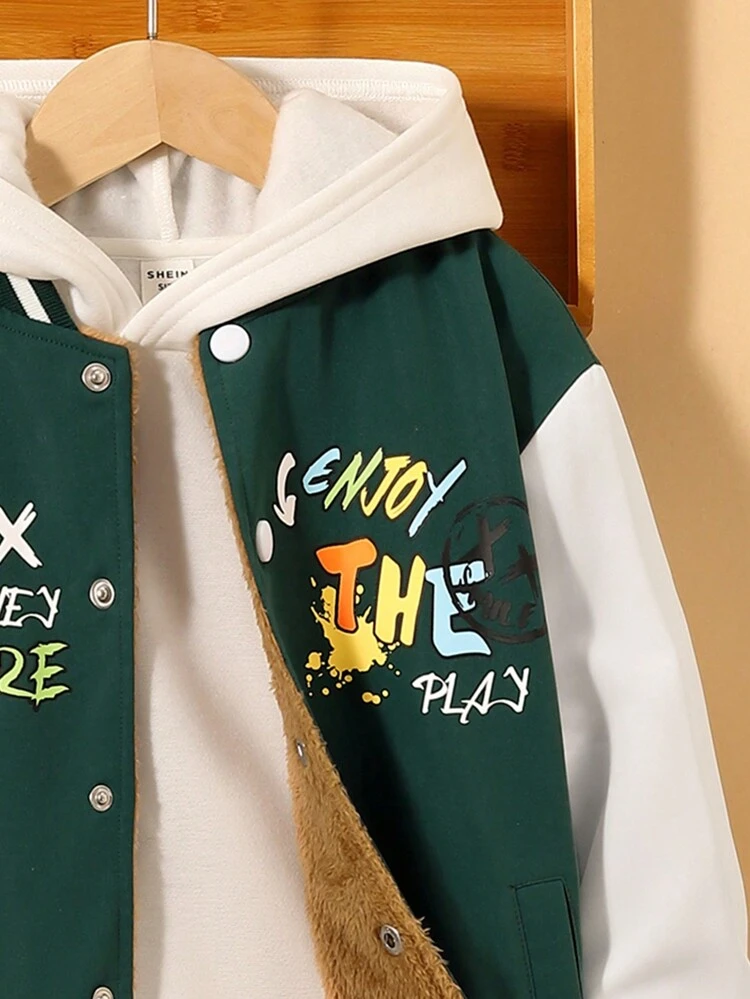 Tween Boy Slogan Graphic Bear Decor Thermal Lined Varsity Jacket Without Hoodie