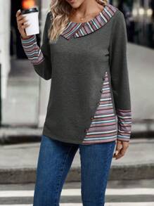 EMERY ROSE 条纹印花彼得潘领套头卫衣 秋季卫衣 - 深灰色 - 查看 3