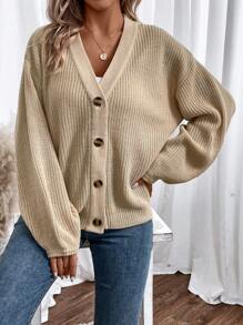 SHEIN Essnce V領落肩袖開襟衫 - 杏色 - 查看 3