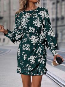 SHEIN Clasi Floral Print Knot Side Ruffle Trim Wrap Hem Dress