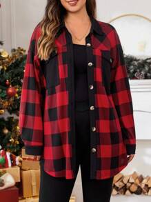 SHEIN LUNE Plus Buffalo Plaid Print Drop Shoulder Coat - Red - View 3