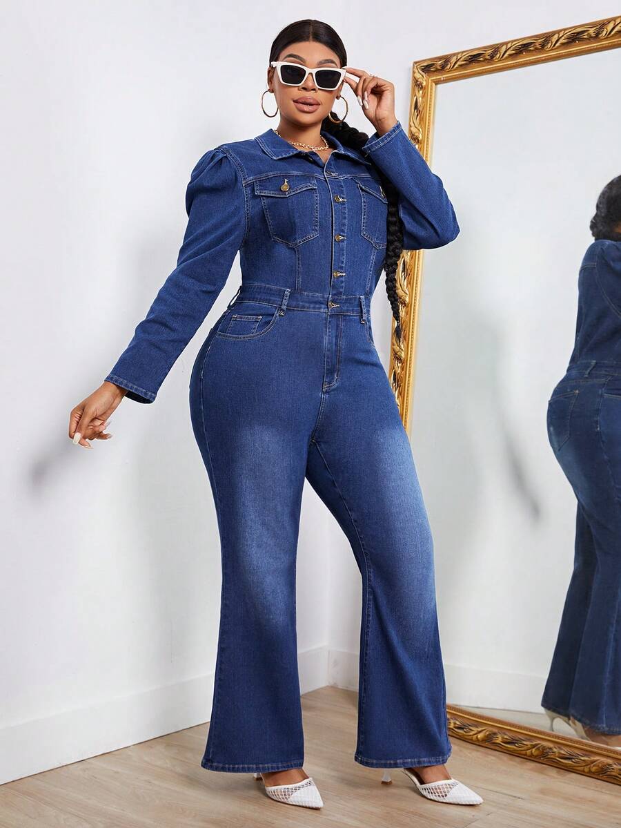 SHEIN SXY 大碼翻蓋口袋喇叭牛仔連身褲 - 深色水洗藍 - 查看 1
