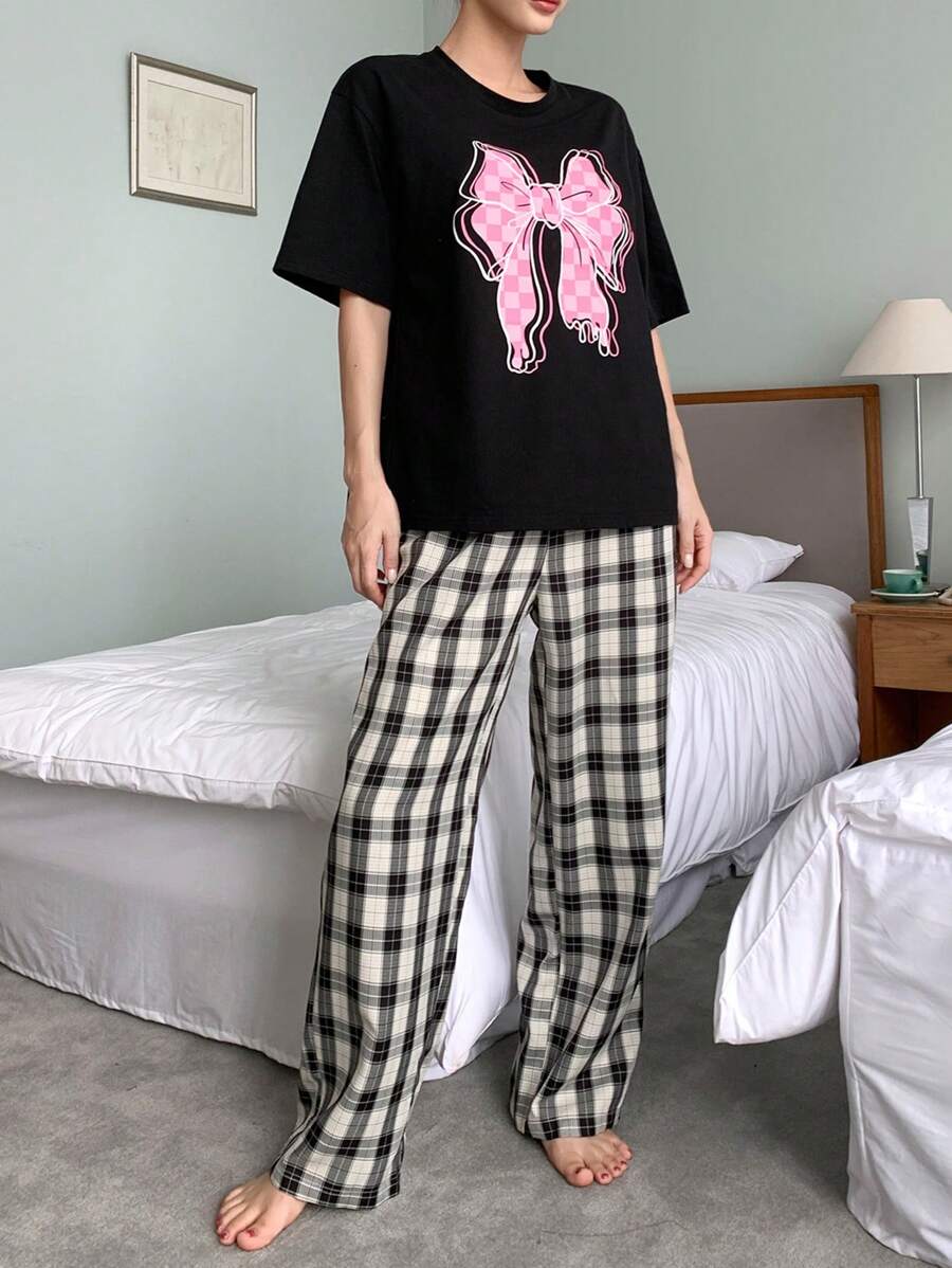 DAZY Bow Print Drop Shoulder Tee & Plaid Pants Lounge Set Pajama