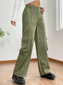 SHEIN EZwear 側翻蓋口袋工裝褲 - 綠色 - 查看 1