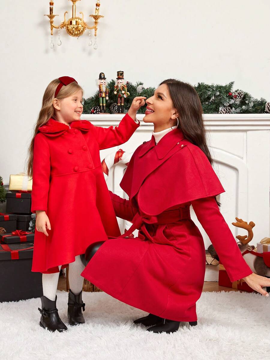 SHEIN Clasi 1pc Foldover Belted Overcoat W1137132308031047 - Red - View 1