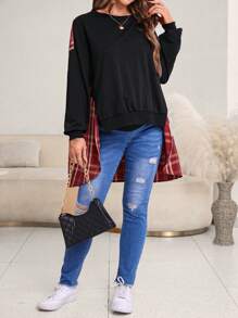 SHEIN 孕妇格子印花落肩二合一运动衫，适合冬季