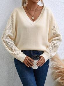 SHEIN Clasi 素色網眼針織插肩袖套頭毛衣 - 米色 - 查看 6