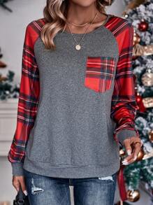 SHEIN LUNE Plaid Print Raglan Sleeve Sweatshirt Pullover Fall Sweatshirt - Grey - View 6