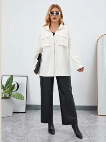 SHEIN Essnce Plus Flap Pocket Drop Shoulder Zip Up Drop Shoulder Coat - Apricot - View 4