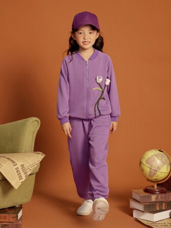 Chica preadolescente Cazadora aplique floral 3d con forro térmico con pantalones deportivos