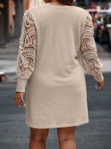 SHEIN Clasi Plus Contrast Lace Waffle Knit Tee Dress - Apricot - View 2