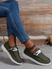 Simple & Casual Style Spring/fall Breathable Flat Canvas Shoes For Women In Olive Green With Lace-up Closure And Minimalist Design - Army Green - View 1