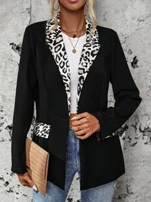 SHEIN LUNE Leopard Print Lapel Neck Blazer - Black - View 4