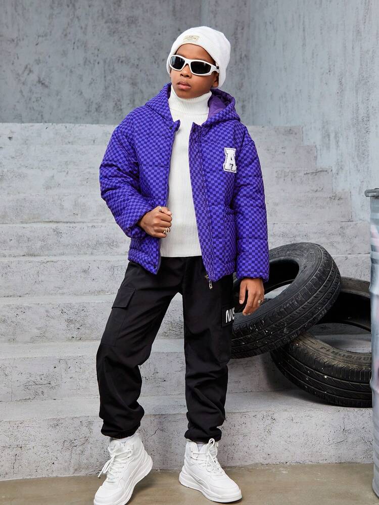 Tween Boy 1pc Letter Patched Detail Dual Pocket Hooded Padded Coat