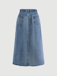 SHEIN MOD Plus Asymmetrical Waist Split Thigh Denim Skirt - Medium Wash - View 2