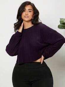 SHEIN Essnce 大碼落肩袖條紋針織T恤 - 紫色 - 查看 1