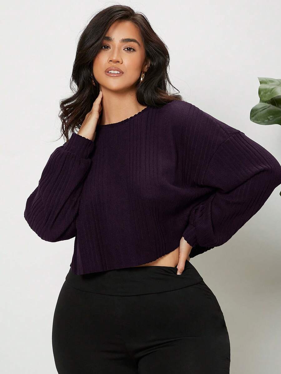 SHEIN Essnce 大碼落肩袖條紋針織T恤 - 紫色 - 查看 1