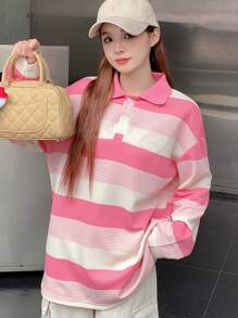 DAZY Striped Polo Neck Drop Shoulder Tee Long Sleeve Women Tops - Pink - View 5