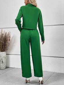 SHEIN LUNE Chất rắn Nút phía trước Áo sơ mi & Nút phía trước Quần ống rộng - màu xanh lá - Xem 2