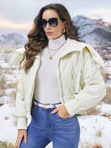 SHEIN Essnce Zip Up Ruffle Trim Down Coat - White - View 4