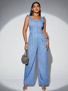 SHEIN SXY 荷葉邊闊腿牛仔背帶褲 - 淺色水洗藍 - 查看 4